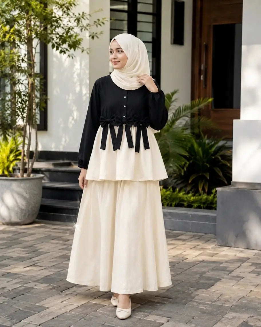 Women Summer Cotton 2 Pcs Frock Shirt & Flapper Set – Front Bow Airline Style Short Frock, Casual Co-Ord Outfit for Women