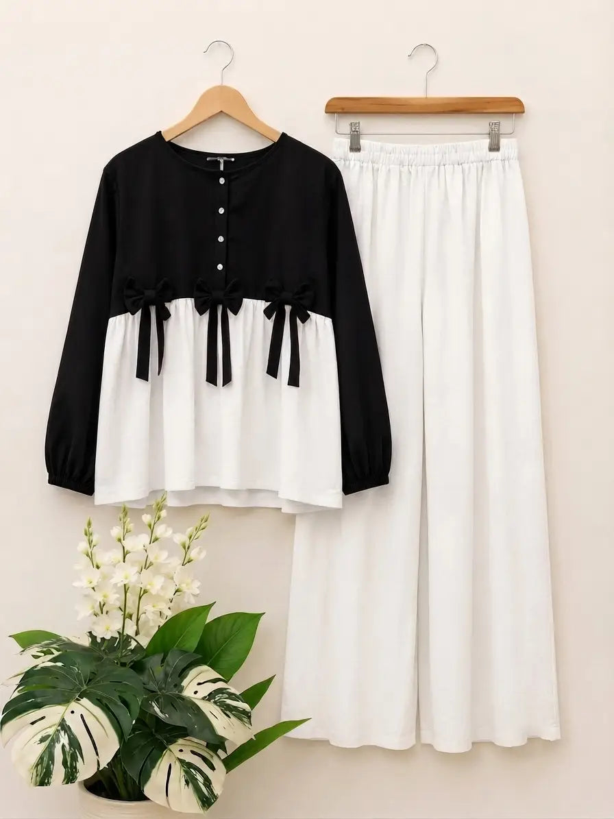Women Summer Cotton 2 Pcs Frock Shirt & Flapper Set – Front Bow Airline Style Short Frock, Casual Co-Ord Outfit for Women