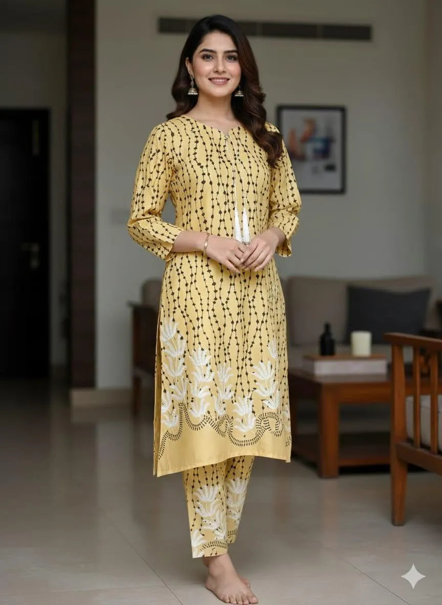 Women Linen Printed Aline Frock & Trouser Set Off White