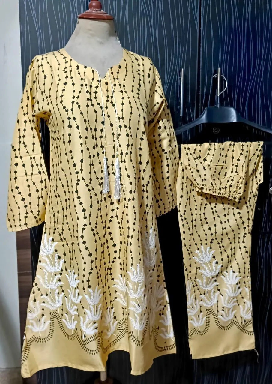 Women Linen Printed Aline Frock & Trouser Set Off White